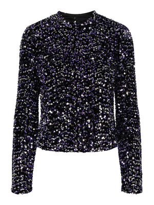 - Stand away collar  - Keyhole back fastening  - Long sleeves  - All-over sequin detail  - Slim fit - Colour: Black/Purple
