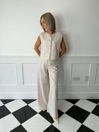 Tori Tailored Wide Leg Trousers - Oatmeal/Pinstripe