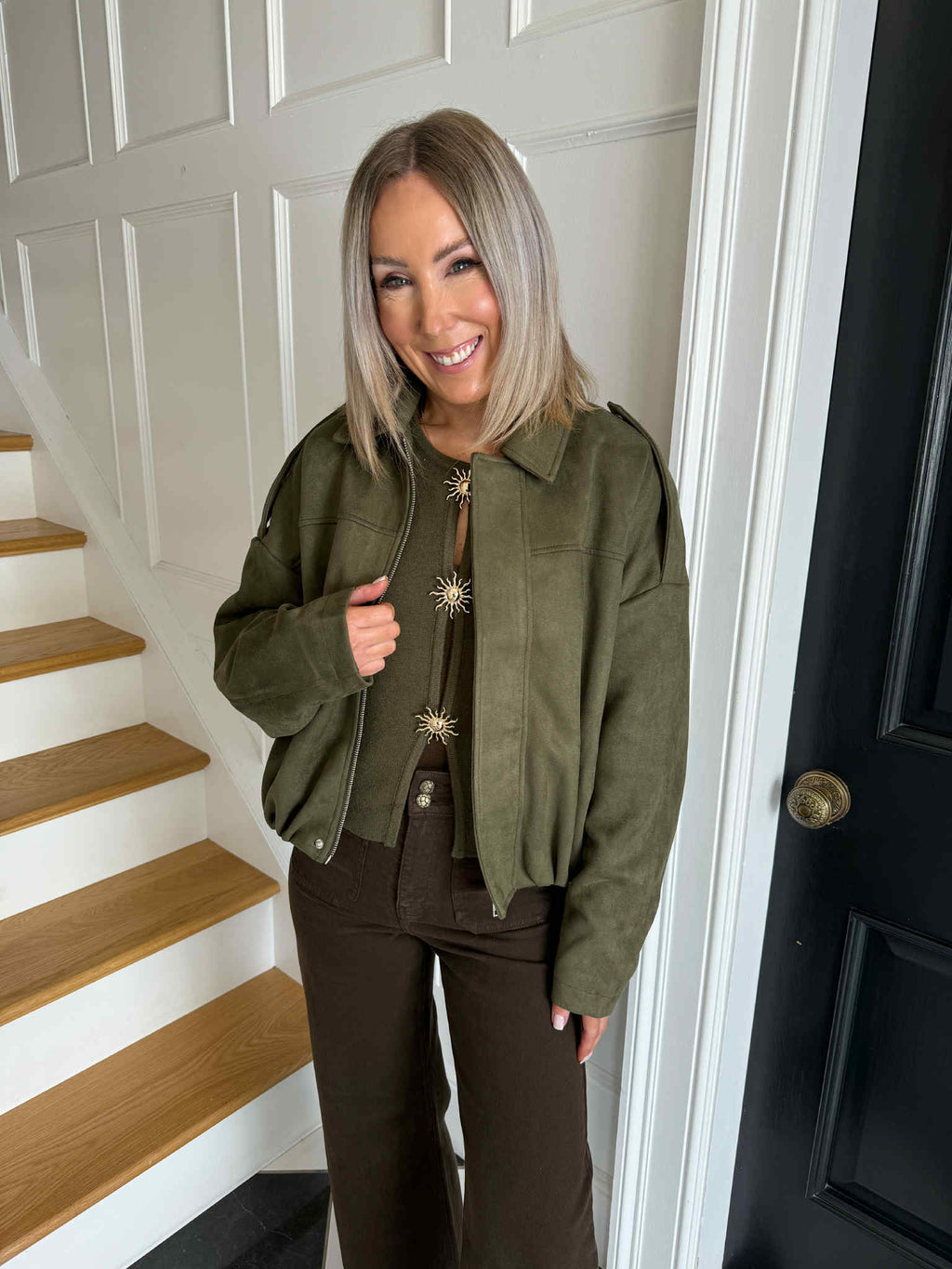 Leona Faux Suede Bomber Jacket - Khaki