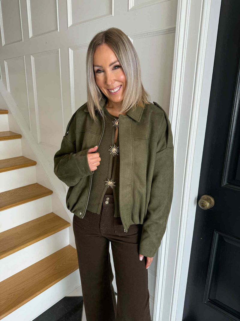 Leona Faux Suede Bomber Jacket - Khaki