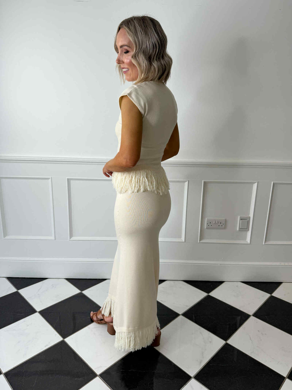 Orlendina Fringe Knit Midaxi Skirt - Cream
