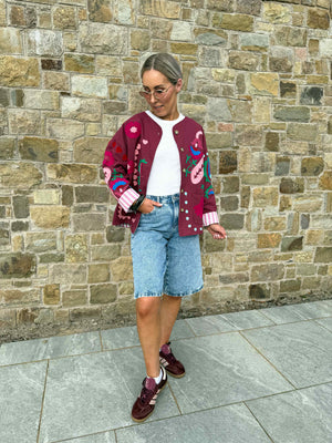 Indie Collarless Embroidered Jacket - Burgundy