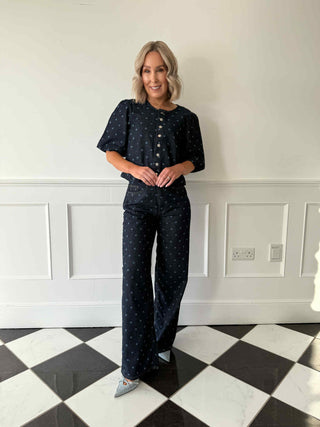 Freya Dotted Wide Leg Jeans - Dark Blue Denim