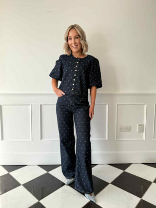 Freya Dotted Wide Leg Jeans - Dark Blue Denim