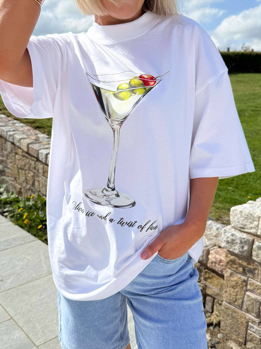 Olive Ice Cocktail Glass Oversized T-Shirt - White