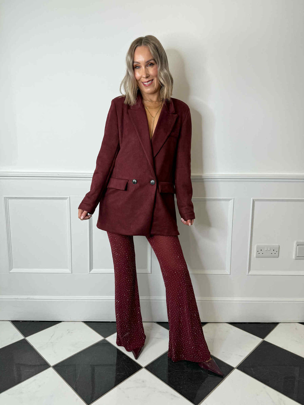 Libby Sheer Embellished Flare - Burgundy