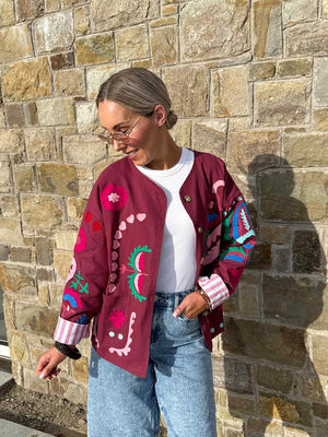 Indie Collarless Embroidered Jacket - Burgundy