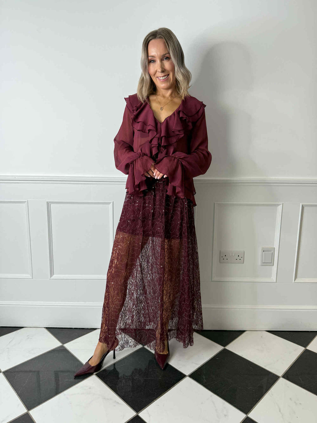 Neve Sheer Sequin Skirt - Wine