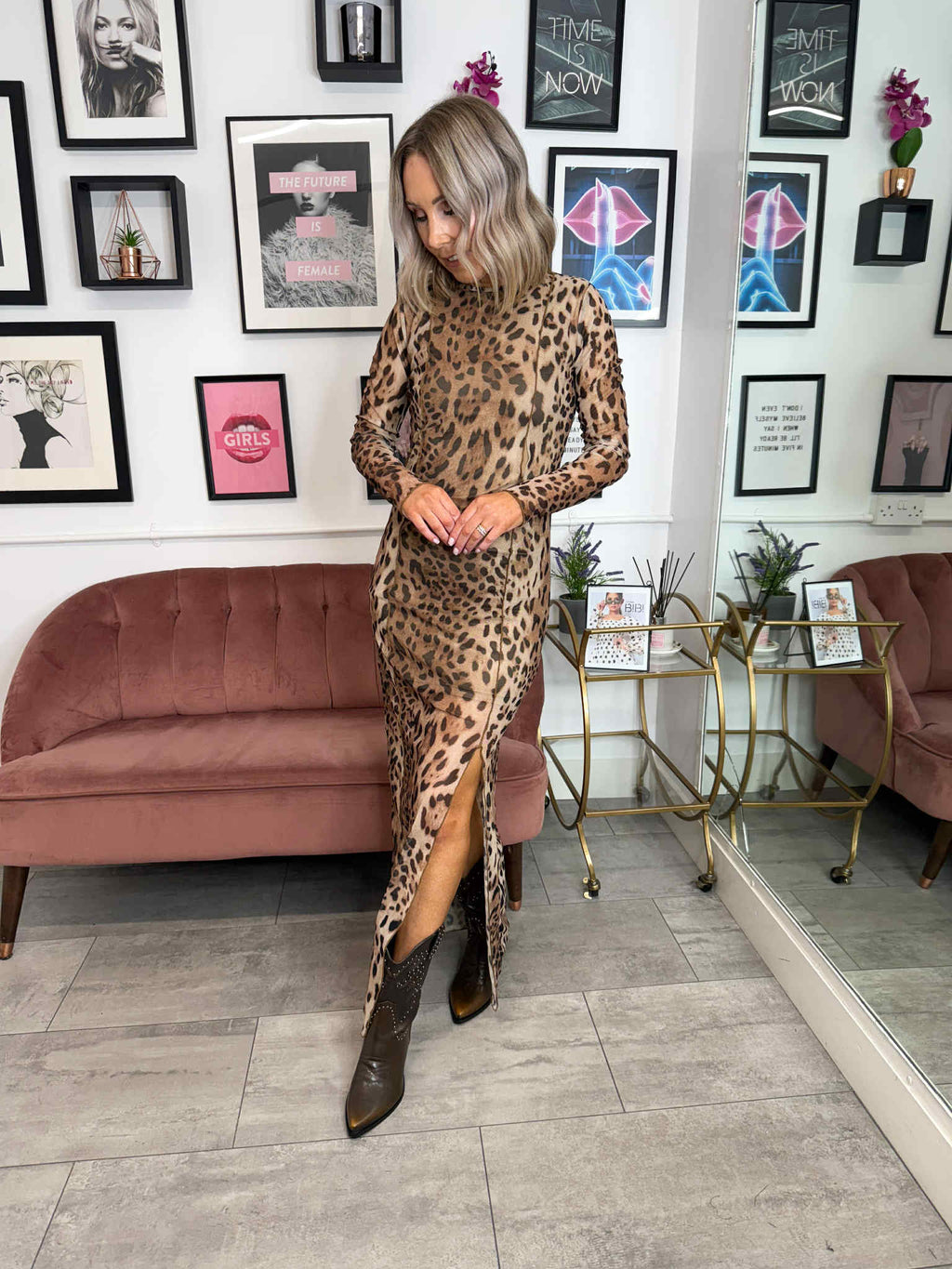 Ninna Long Sleeve Mesh Dress - Leopard