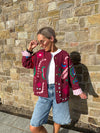 Indie Collarless Embroidered Jacket - Burgundy