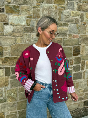 Indie Collarless Embroidered Jacket - Burgundy