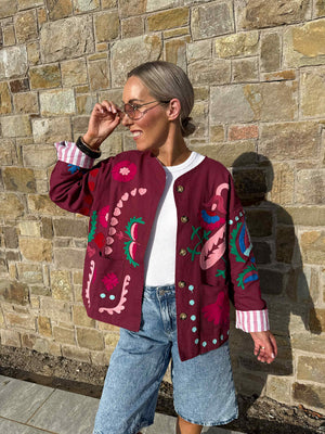 Indie Collarless Embroidered Jacket - Burgundy