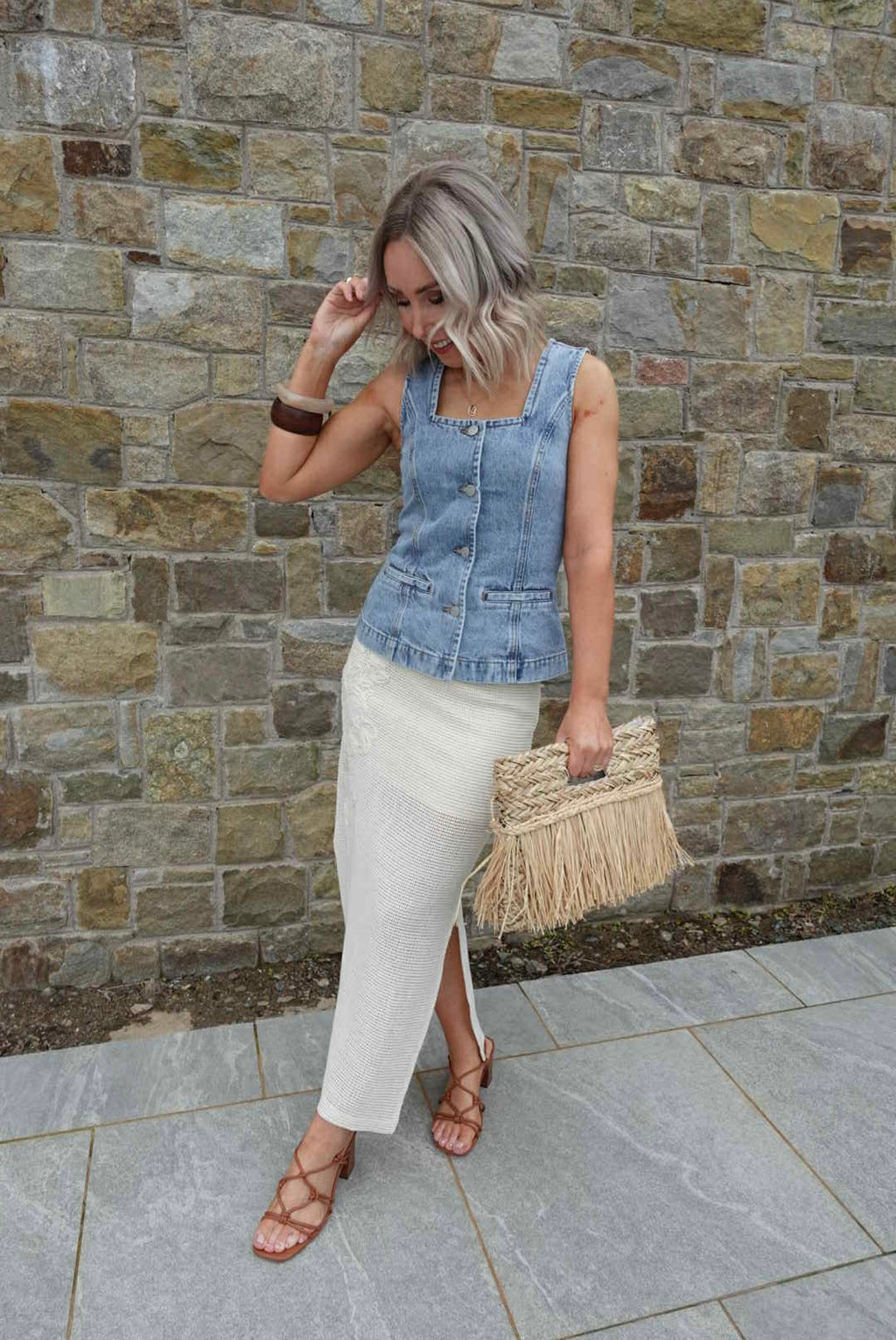 Jen Square Neck Denim Vest - Medium Blue