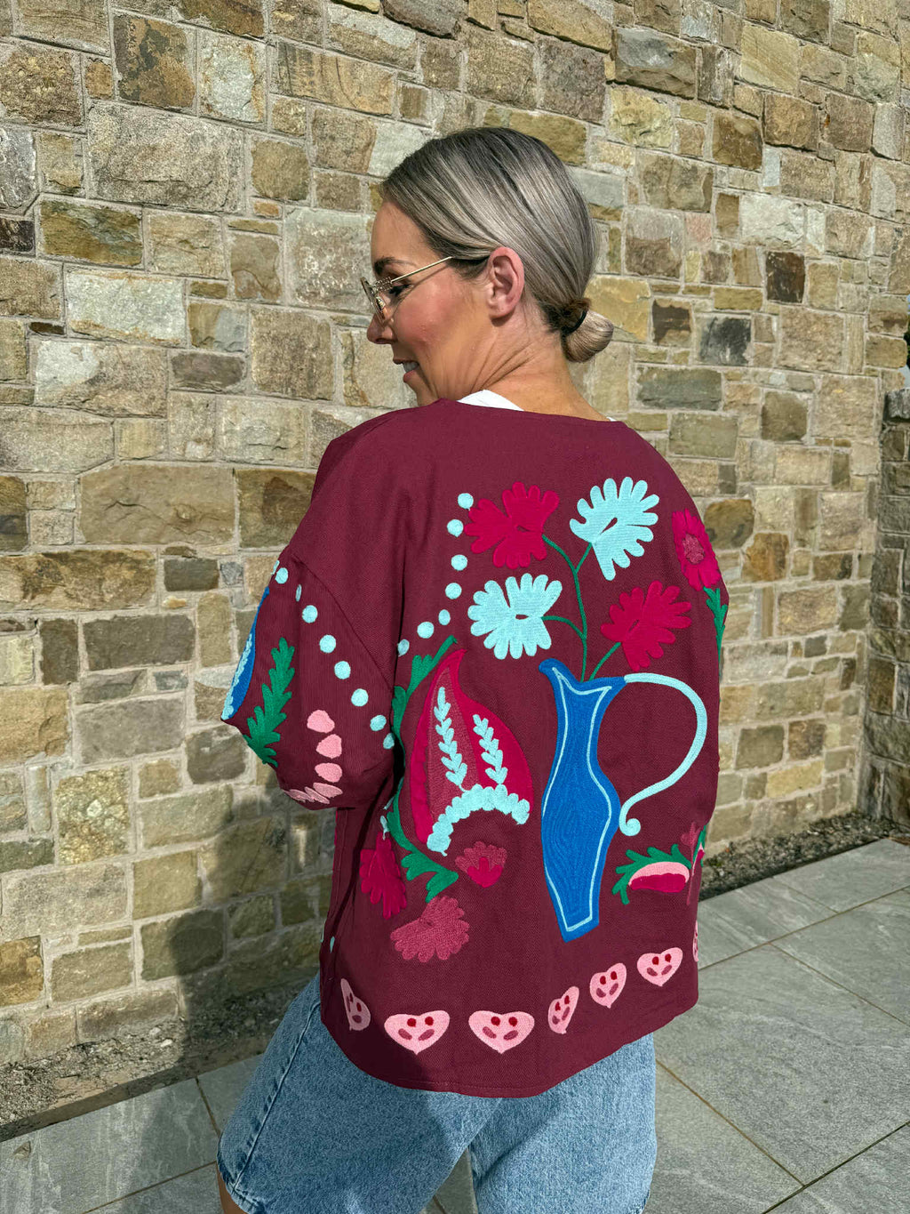 Indie Collarless Embroidered Jacket - Burgundy