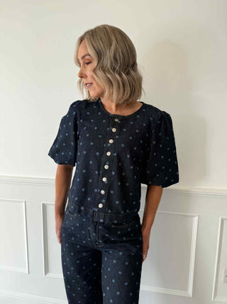 Freya Dotted Wide Leg Jeans - Dark Blue Denim