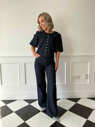 Freya Dotted Wide Leg Jeans - Dark Blue Denim