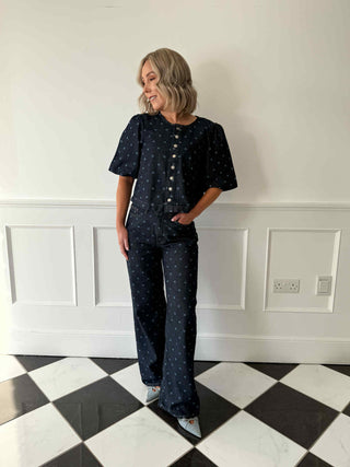Pal 2/4 Dot Denim Top - Dark Blue Denim