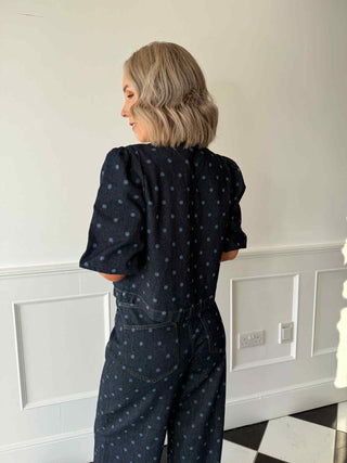 Freya Dotted Wide Leg Jeans - Dark Blue Denim