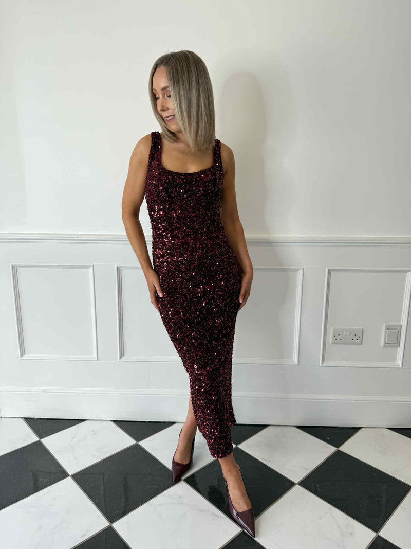 Jovie Sequin Square Neck Midi Dress - Burgundy