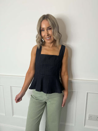Carli Peplum Bow Back Top - Dark Denim
