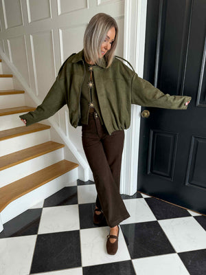 Leona Faux Suede Bomber Jacket - Khaki