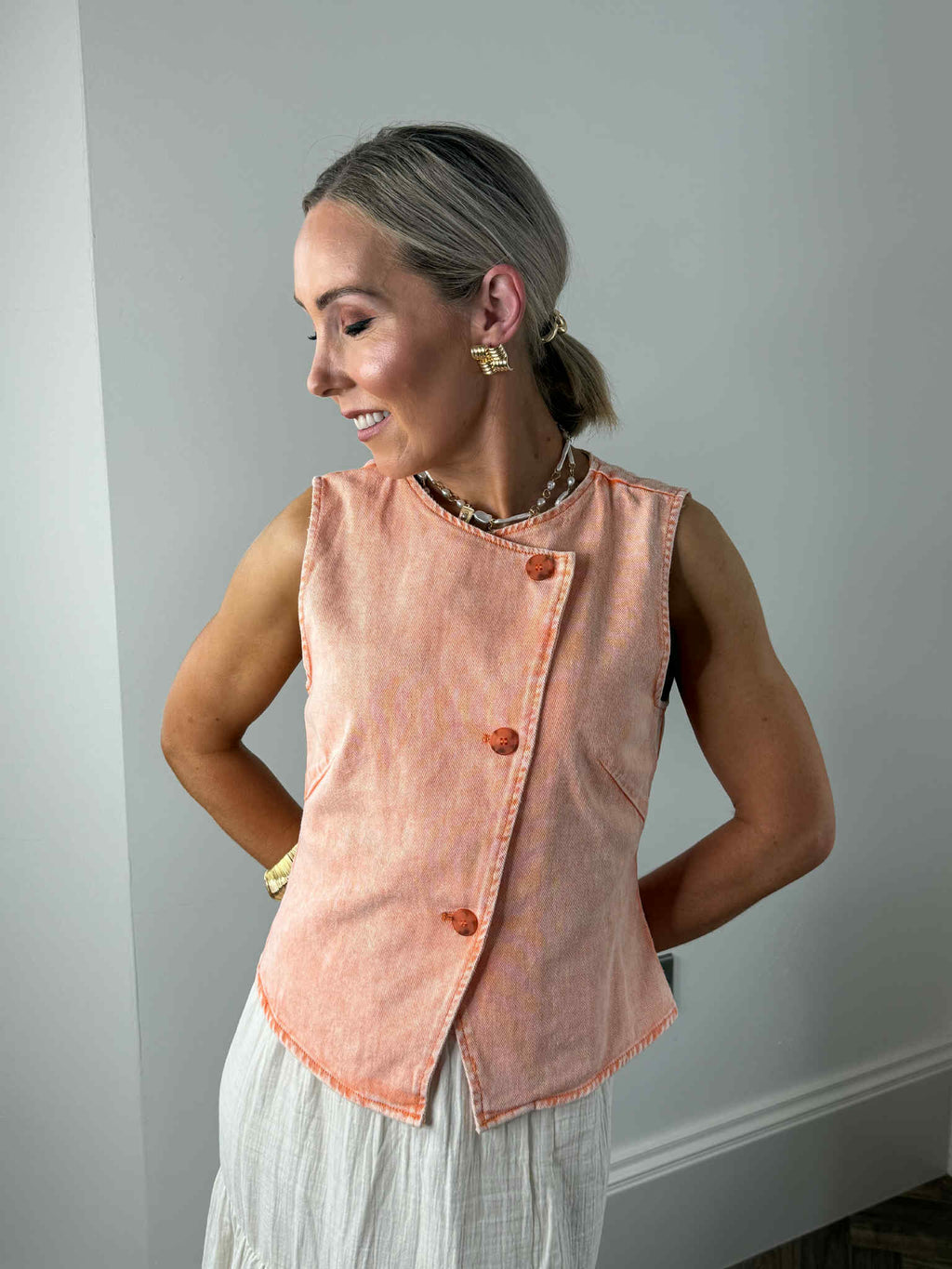 Chloe Denim Asymmetrical Waistcoat - Washed Orange