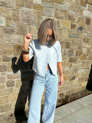 Jess Funnel Neck Short Blazer - Light Blue