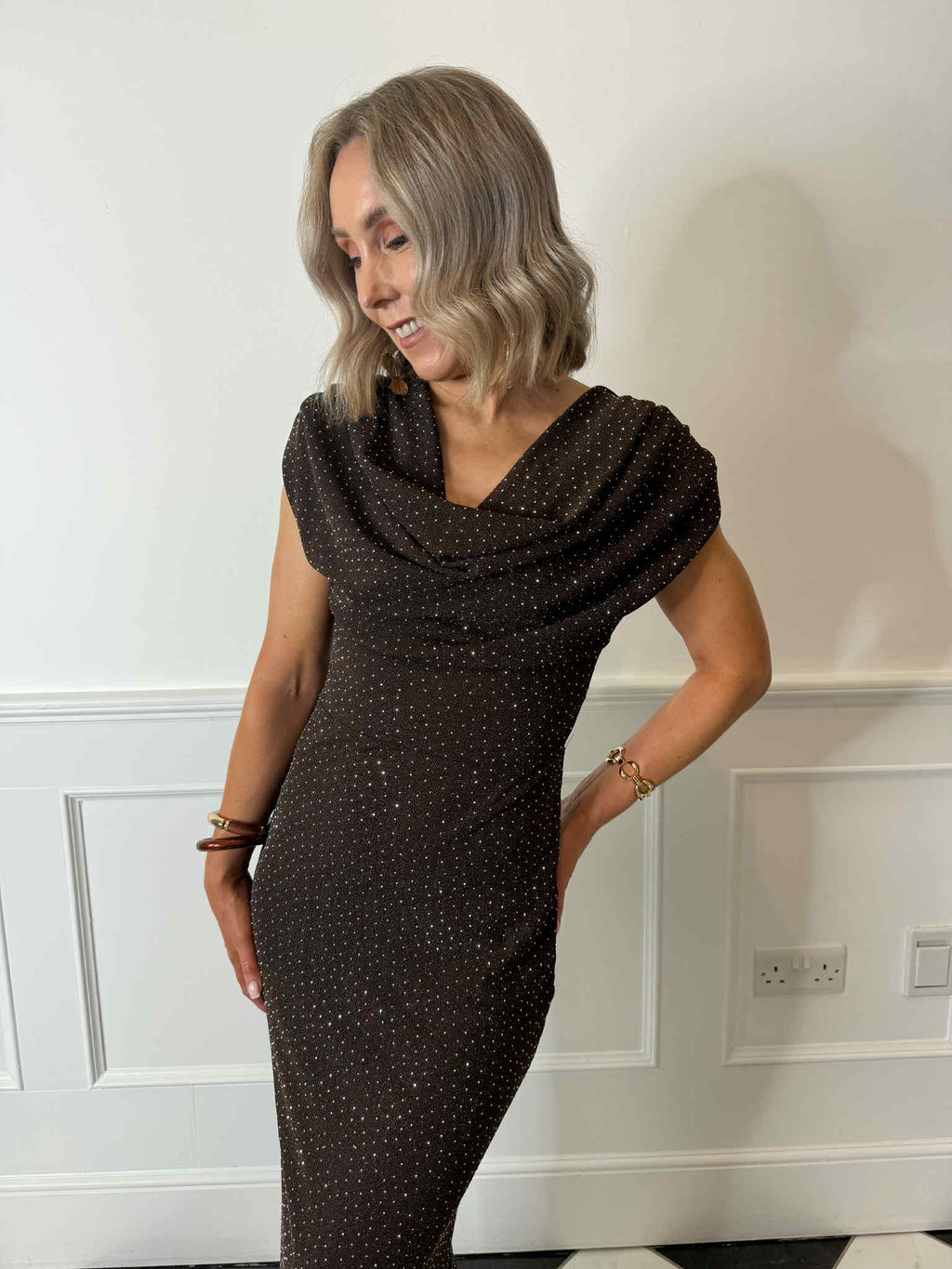 Ember Cowl Neck Embellished Maxi Dress - Brown