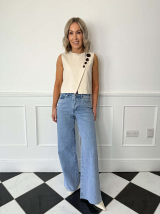 Ali Wide Leg Frayed Hem Jeans - Light Blue