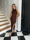 Eris Pocket Detail High Neck Midi Dress Brown