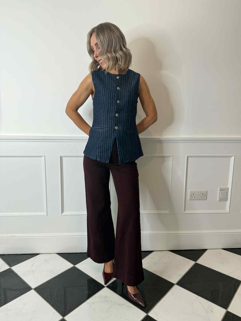 Rose Pinstriped Long Denim Vest - Dark Blue