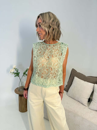Darci Floral Lace Polka Top - Mint Green
