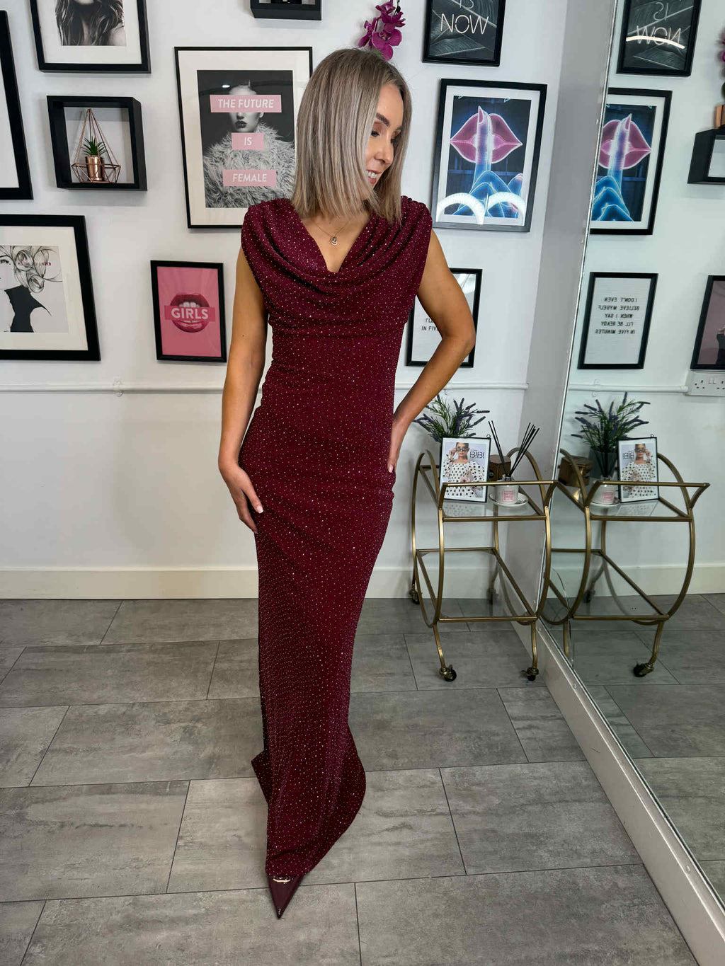 Ember Cowl Neck Embellished Maxi Dress - Burgundy