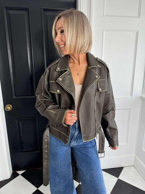 Freya Faux Leather Jacket - Khaki