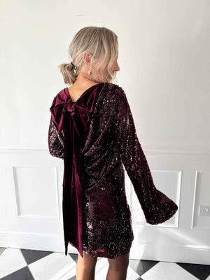 Brioni Sequin Bow Mini Dress - Wine