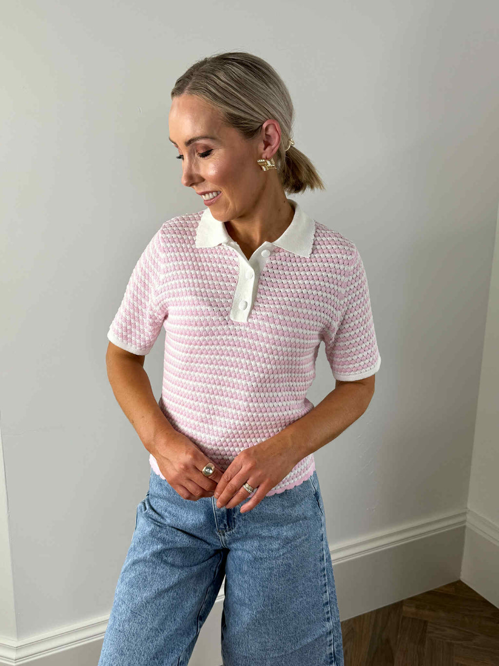 Leni Striped Crochet Polo Top - Pink/White