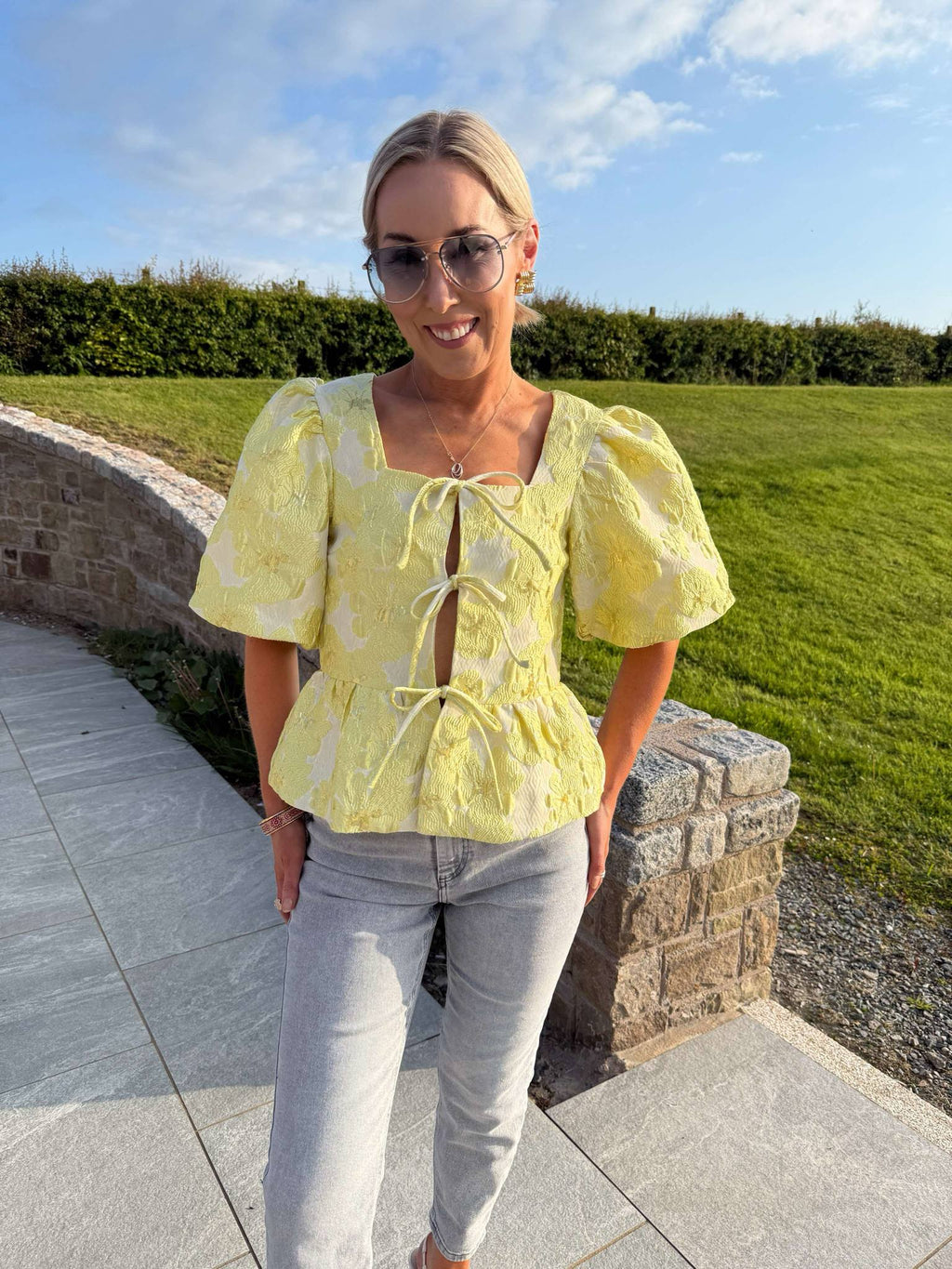 Yara Tie Front Embroidered Blouse - Lime