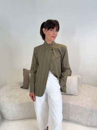 Ruby Checkered Funnel Neck Blazer - Khaki