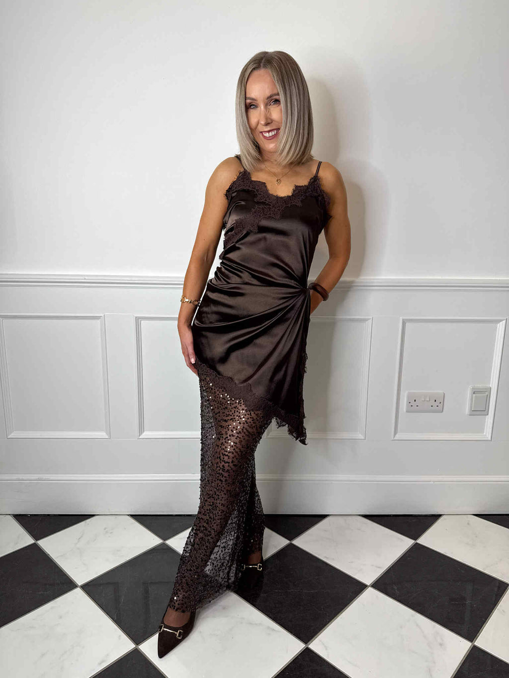 Sofie Satin Lace Dress - Chocolate Brown