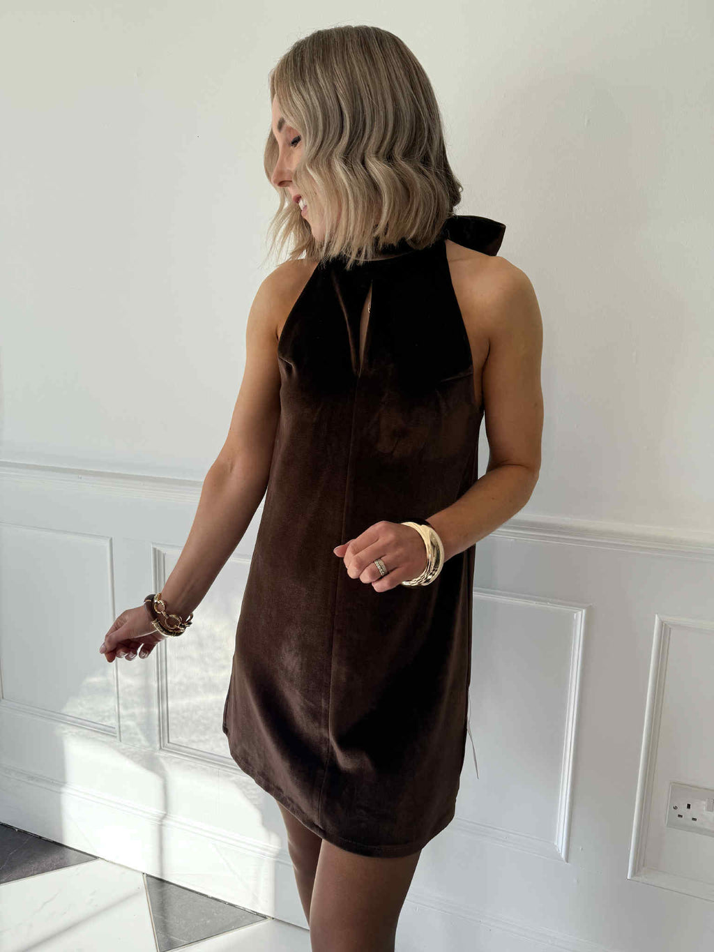 Bella Bow Velvet Mini Dress - Brown