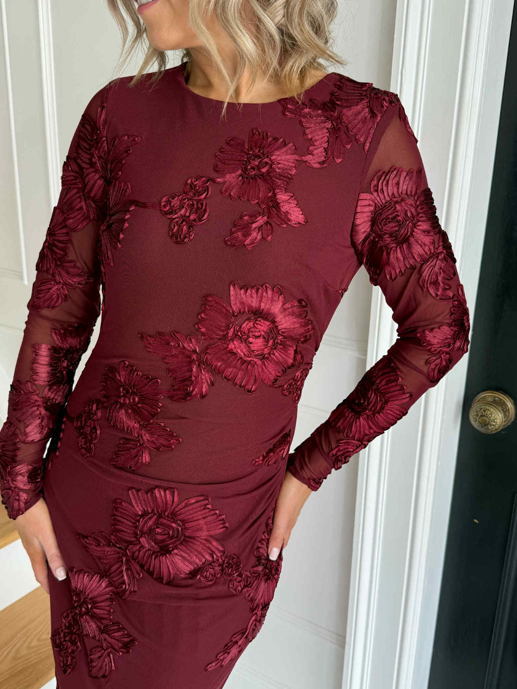 Elodie Floral Embroidered Mesh Bodycon Dress Plum
