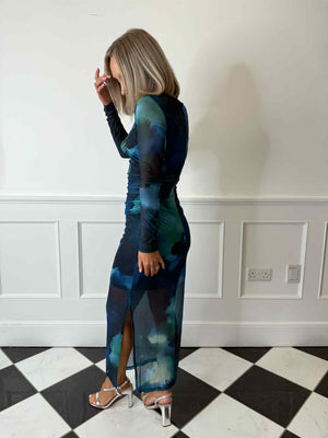 Aila Printed Mesh Maxi Dress - Blue/Green