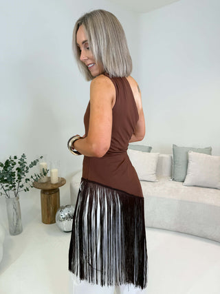 Lizzi Asymmetrical Fringe Top - Mocha