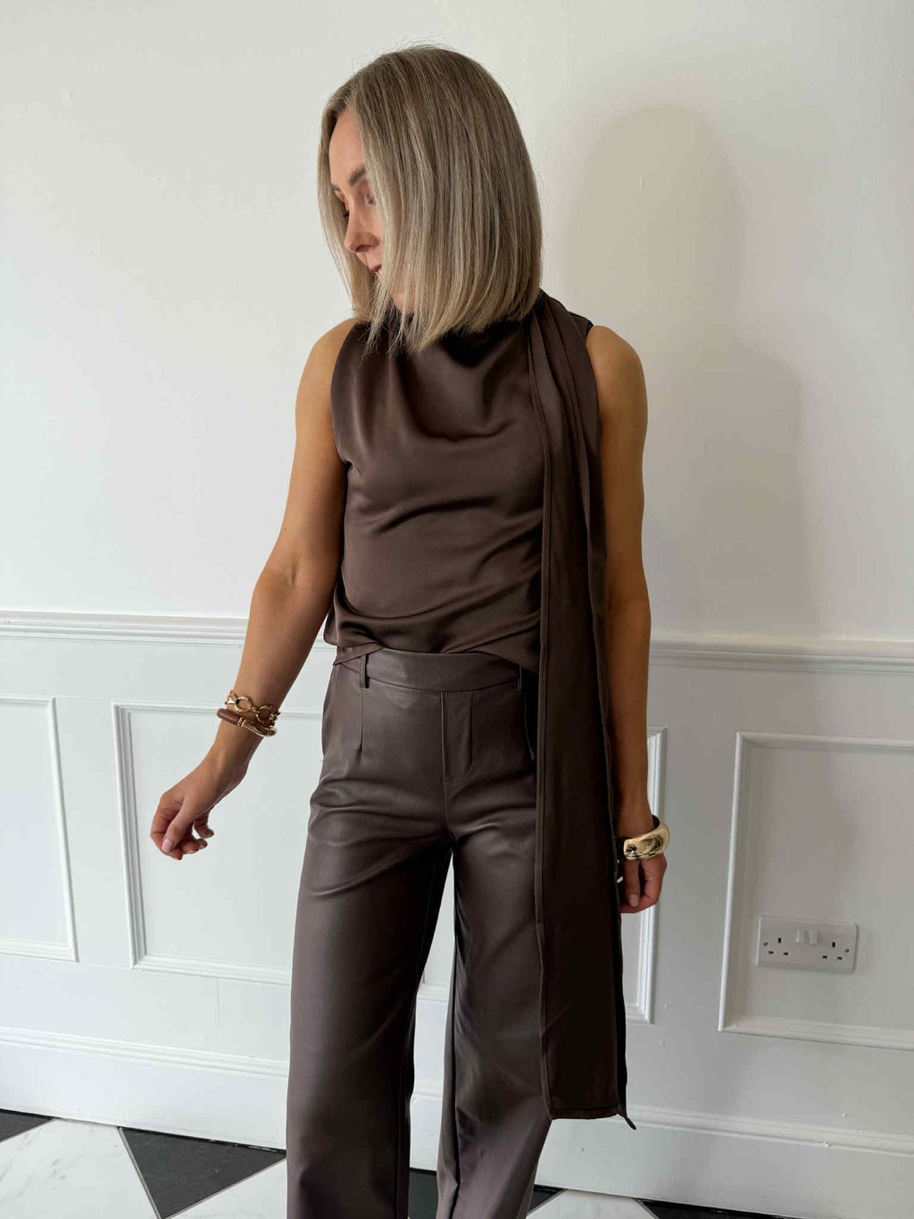 Breya Scarf Satin Top - Chocolate Brown