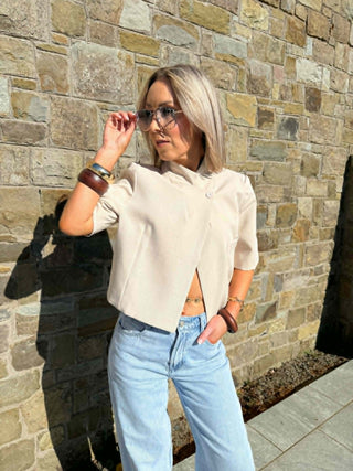 Jess Funnel Neck Short Blazer - Beige