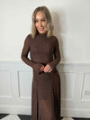 Riya Long Sleeve Diamante Maxi Dress - Brown
