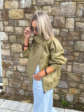 Cleo PU Funnel Neck Jacket - Olive