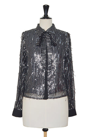 Isla Tassel Sequin Pussybow Blouse - Silver