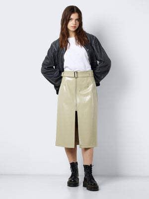 - Long skirt  - Faux leather material  - High waisted  - Long zip fastening through front  - Slit detail at front  - Adjustable belt at waist  - Regular fit