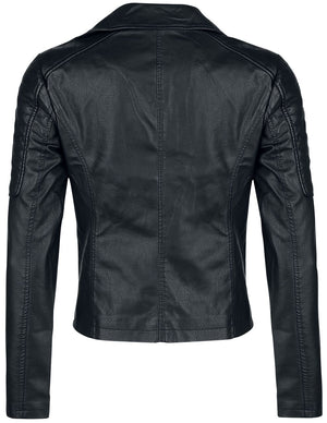Noisy May Rebel PU faux leather jacket featuring side zip, two side pockets with zip, decorative button on the top part of the collar  and press stud on the bottom part of the collar.